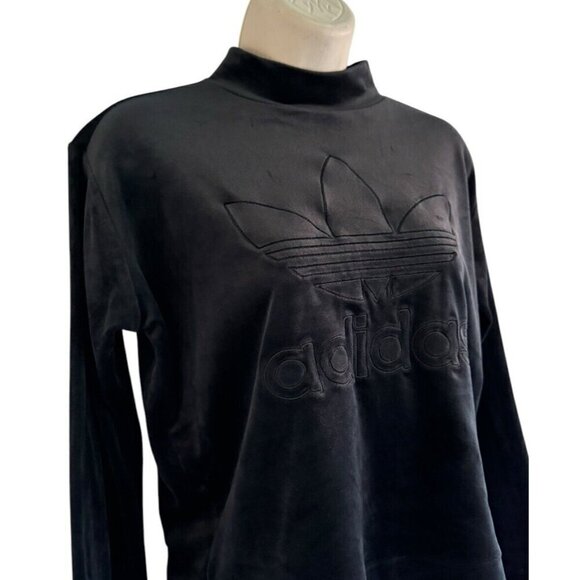 Adidas Woman's Sz M Bellista Sweater Black Velvet Trefoil Logo Flared Long Slvs - Picture 4 of 9